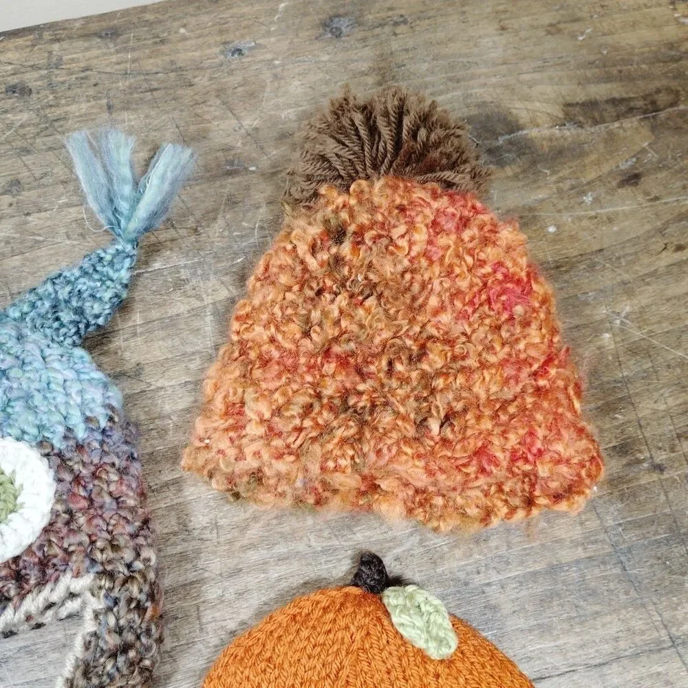 Baby Hand Knit Hat Handmade Crochet Cap Owl Pumpkin Fall Lot New